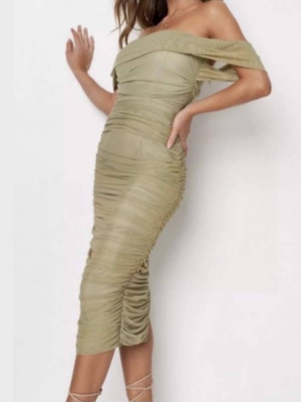 Missguided Olive Green Off-Shoulder Ruched Midi Dress